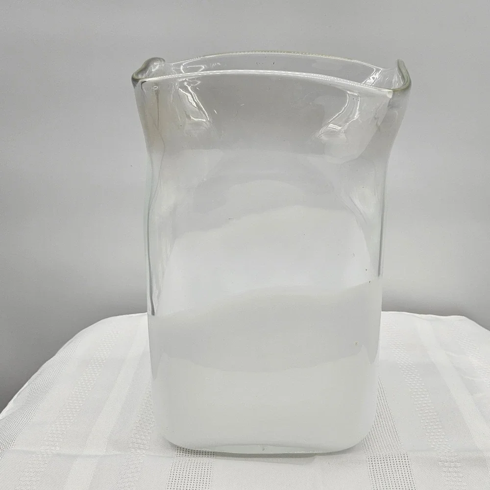 Hand Blown Square Glass Vase White Clear Two Tone‎ 8.5 Inch